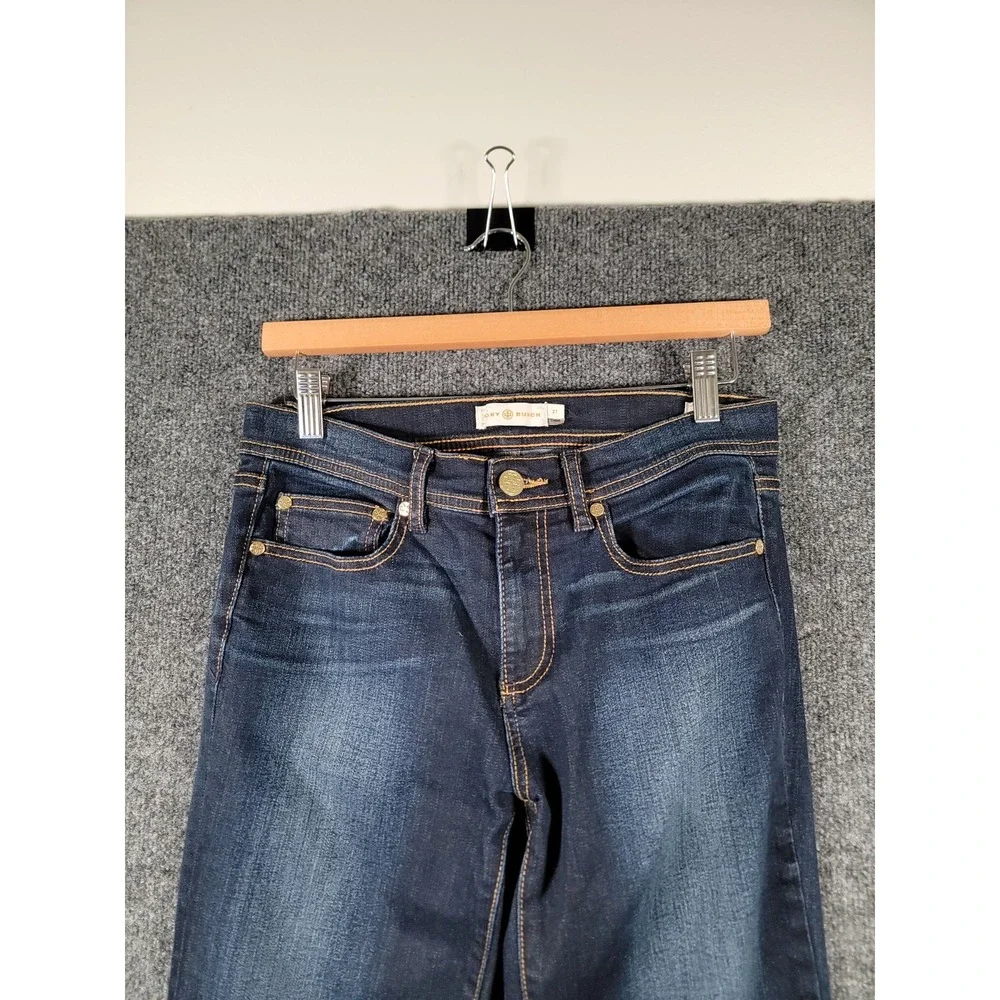 Tory Burch Jeans Womens 27 (Fits 28) Bootcut Denim Logo Back Pockets Dark Wash
